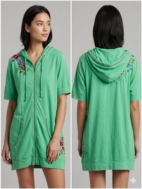Johnny Was Green Floral Embroidered Short Sleeve Full Zip Hoodie - Medium